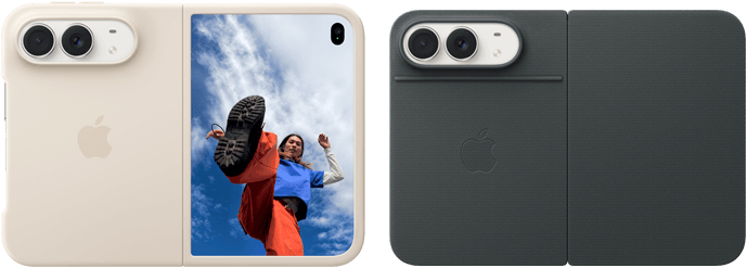 iPhone Duo, Star White colour in Sand Silicone Case, landscape orientation, fully opened horizontally, Dual Fusion cameras on the top left, case covers the back exterior and outer edge of the front display, right side features portrait of person on outer display. iPhone Duo, Star White colour, fully opened horizontally, Navy Blue Folio with Kickstand, fully opened horizontally, back exterior featuring the 48MP Dual Fusion rear cameras, two lenses
