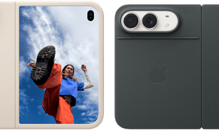 iPhone Duo, Star White colour in Sand Silicone Case, landscape orientation, fully opened horizontally, Dual Fusion cameras on the top left, case covers the back exterior and outer edge of the front display, right side features portrait of person on outer display. iPhone Duo, Star White colour, fully opened horizontally, Navy Blue Folio with Kickstand, fully opened horizontally, back exterior featuring the 48MP Dual Fusion rear cameras, two lenses