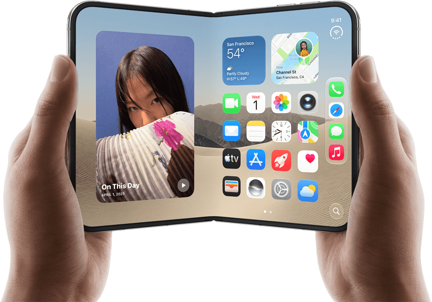 iPhone Duo, Star White colour, held by two hands in landscape orientation, unfolded, interior screen displays photos on the left, apps on the right