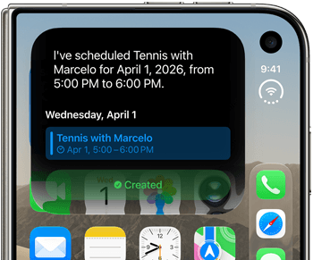 iPhone Duo, folded, outer display shows Siri AI notification indicating a calendar update