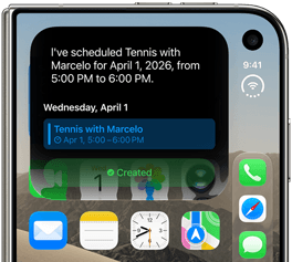 iPhone Duo, folded, outer display shows Siri AI notification indicating a calendar update
