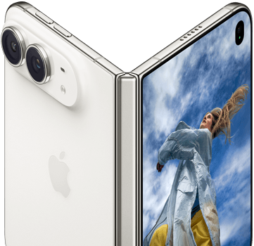 iPhone Duo, partially open like a book with hinge mechanism in the centre, exterior back panel on the left features an Apple logo and dual-camera, outer display on the right shows a portrait photo of a person with blonde hair