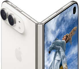 iPhone Duo, partially open like a book with hinge mechanism in the centre, exterior back panel on the left features an Apple logo and dual-camera, outer display on the right shows a portrait photo of a person with blonde hair