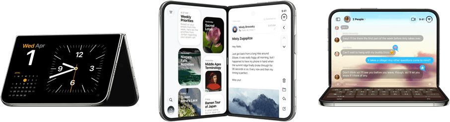 iPhone Duo, various positions: inverted open landscape orientation, unfolded at slight angle, exterior display, all-screen design. Slightly open like a book and standing upright. Open landscape orientation, unfolded at right angle, interior display, all-screen design