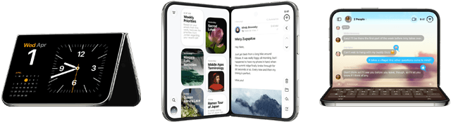 iPhone Duo, various positions: inverted open landscape orientation, unfolded at slight angle, exterior display, all-screen design. Slightly open like a book and standing upright. Open landscape orientation, unfolded at right angle, interior display, all-screen design