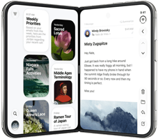 iPhone Duo, various positions: inverted open landscape orientation, unfolded at slight angle, exterior display, all-screen design. Slightly open like a book and standing upright. Open landscape orientation, unfolded at right angle, interior display, all-screen design