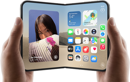 iPhone Duo, Star White colour, held by two hands in landscape orientation, unfolded, interior screen displays photos on the left, apps on the right